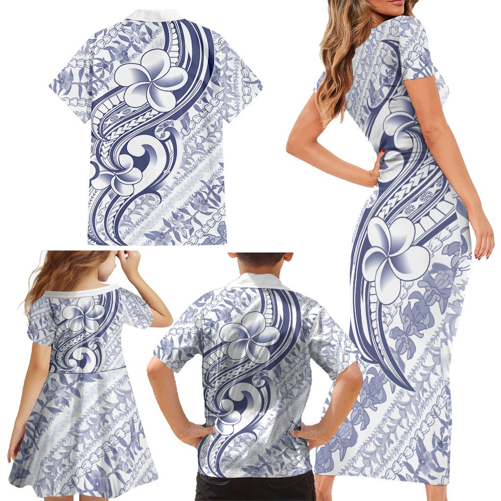 Hawaii Plumeria Lokelani Pikake Lei Family Matching Short Sleeve Bodycon Dress and Hawaiian Shirt Navy Blue Polynesian Tattoo LT9 - Polynesian Pride