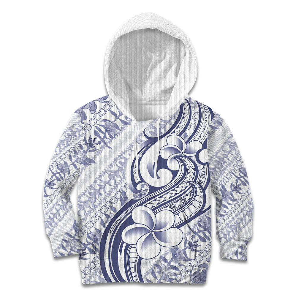 Hawaii Plumeria Lokelani Pikake Lei Kid Hoodie Navy Blue Polynesian Tattoo