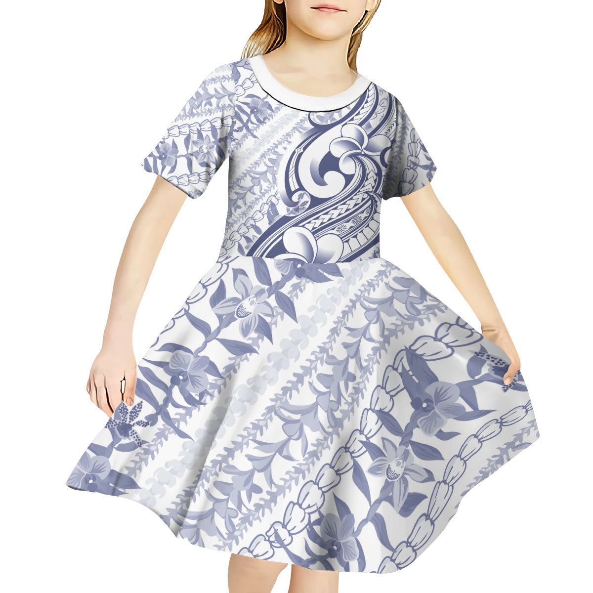 Hawaii Plumeria Lokelani Pikake Lei Kid Short Sleeve Dress Navy Blue Polynesian Tattoo LT9 - Polynesian Pride