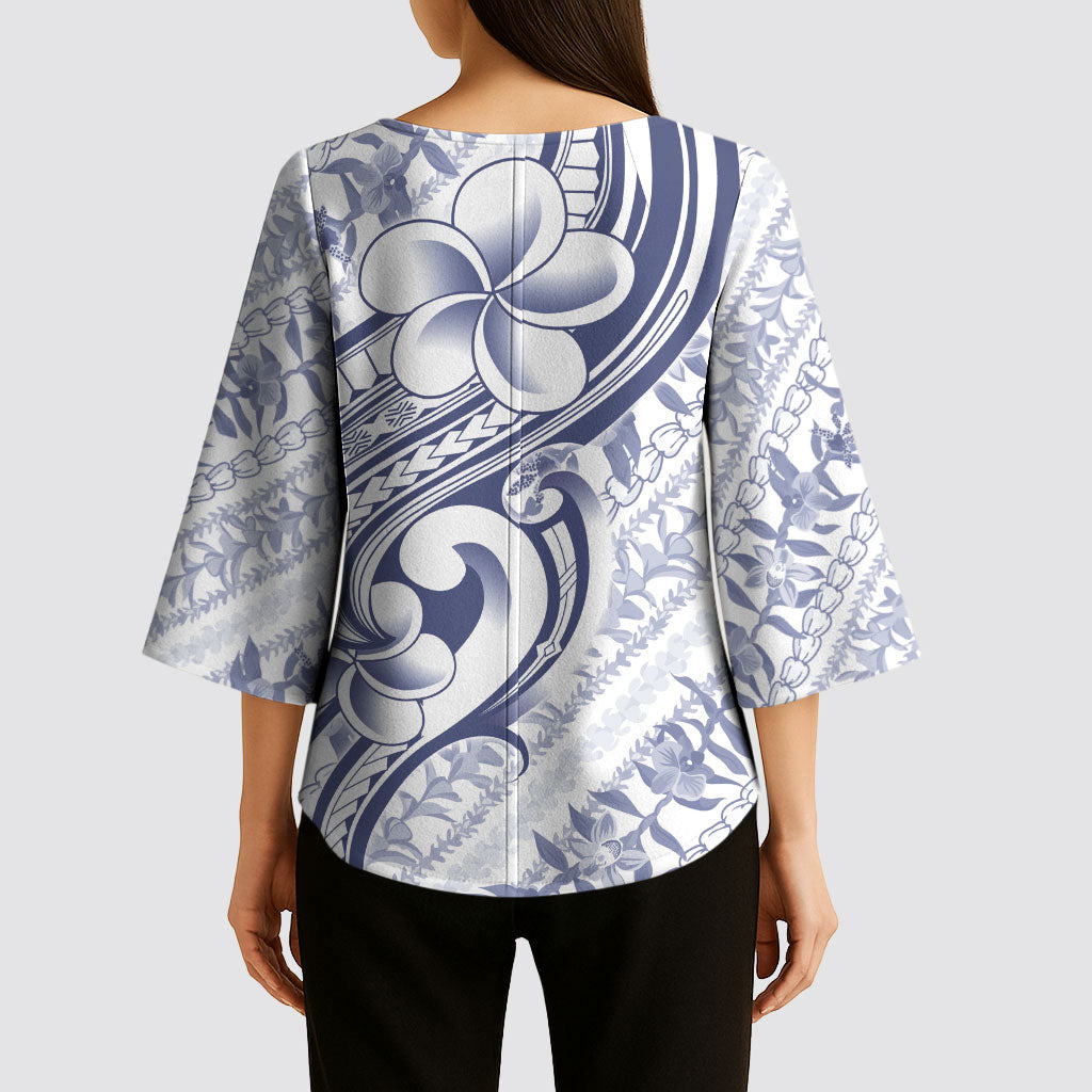 Hawaii Plumeria Lokelani Pikake Lei Kimono Sleeve Blouse Navy Blue Polynesian Tattoo