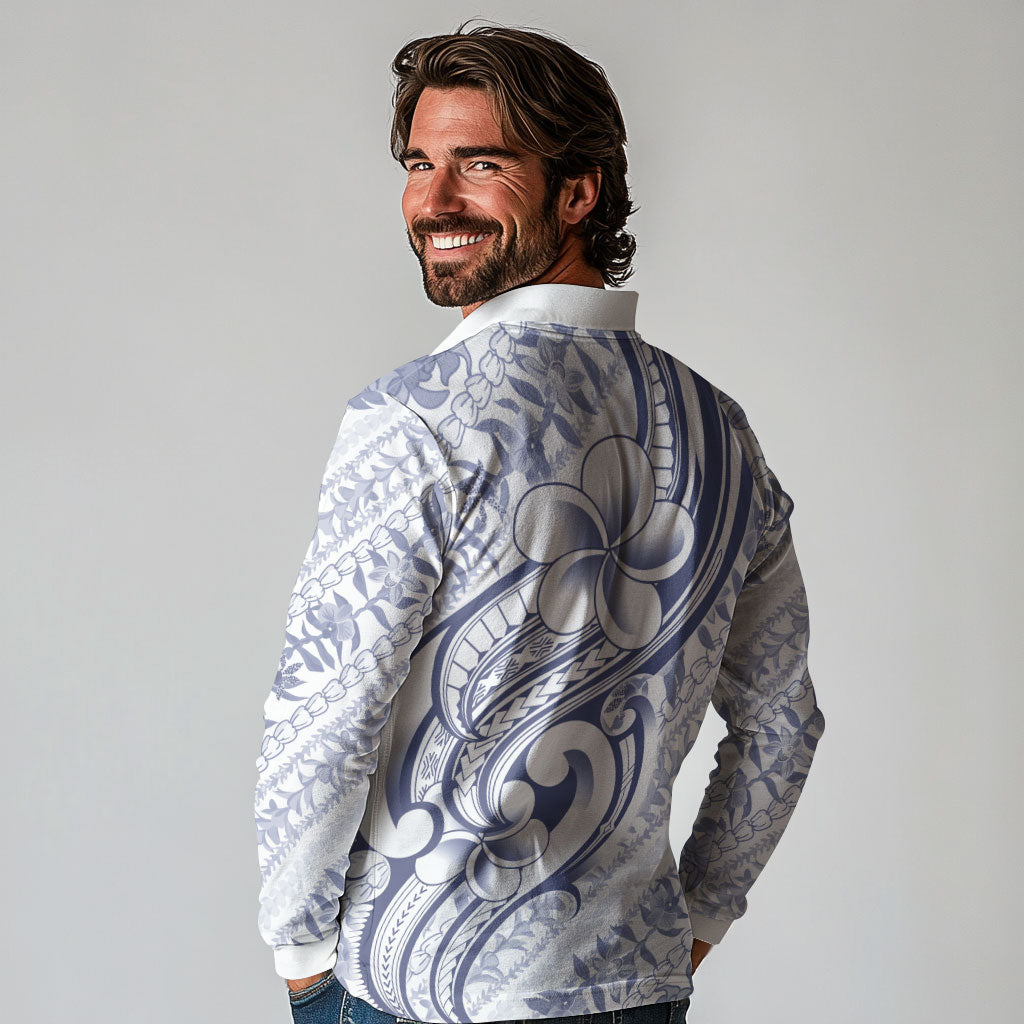 Hawaii Plumeria Lokelani Pikake Lei Long Sleeve Polo Shirt Navy Blue Polynesian Tattoo LT9 - Polynesian Pride