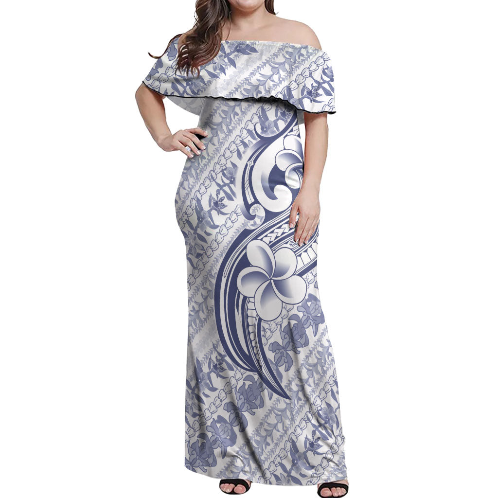 Hawaii Plumeria Lokelani Pikake Lei Off Shoulder Maxi Dress Navy Blue Polynesian Tattoo