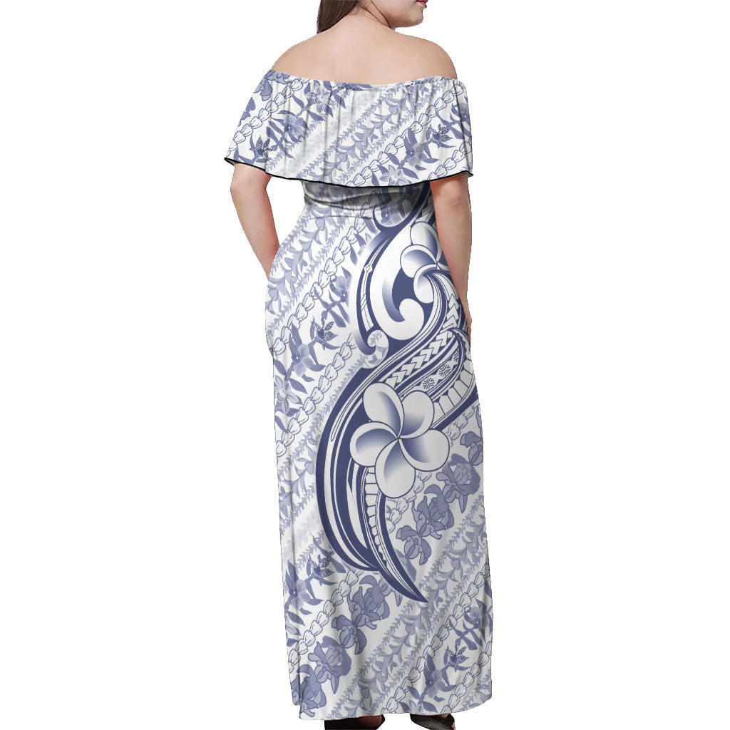 Hawaii Plumeria Lokelani Pikake Lei Off Shoulder Maxi Dress Navy Blue Polynesian Tattoo