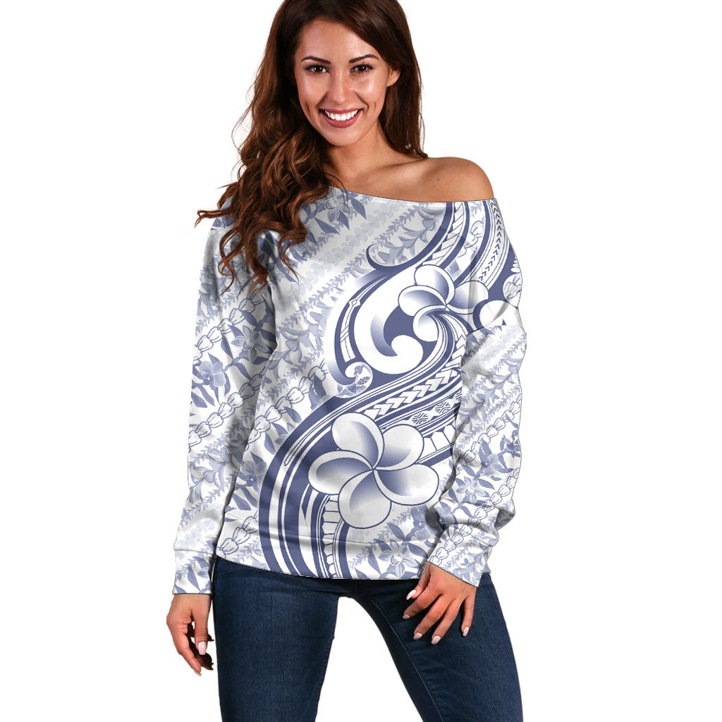 Hawaii Plumeria Lokelani Pikake Lei Off Shoulder Sweater Navy Blue Polynesian Tattoo LT9 Women Navy Blue - Polynesian Pride