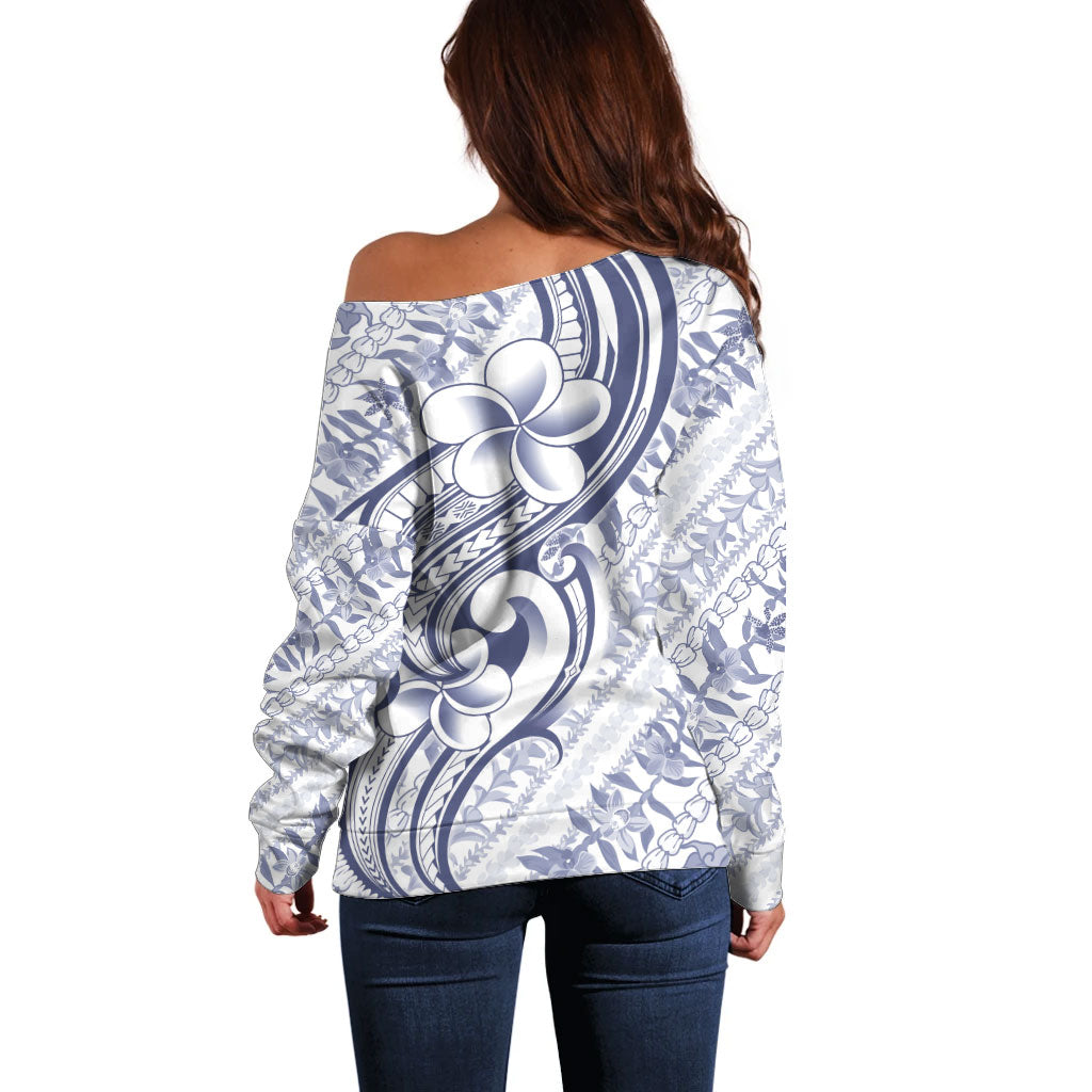 Hawaii Plumeria Lokelani Pikake Lei Off Shoulder Sweater Navy Blue Polynesian Tattoo LT9 - Polynesian Pride