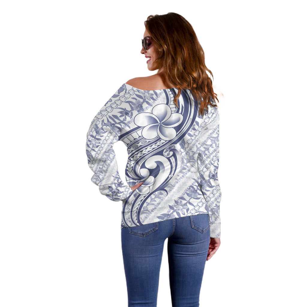 Hawaii Plumeria Lokelani Pikake Lei Off Shoulder Sweater Navy Blue Polynesian Tattoo LT9 - Polynesian Pride