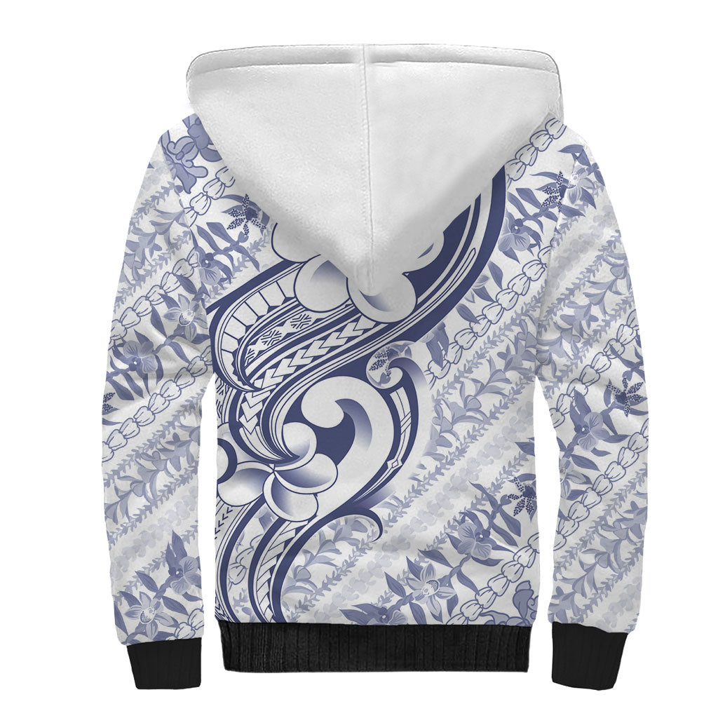 Hawaii Plumeria Lokelani Pikake Lei Sherpa Hoodie Navy Blue Polynesian Tattoo LT9 - Polynesian Pride