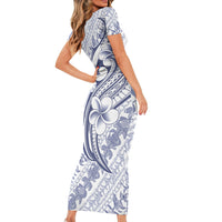 Hawaii Plumeria Lokelani Pikake Lei Short Sleeve Bodycon Dress Navy Blue Polynesian Tattoo LT9 - Polynesian Pride