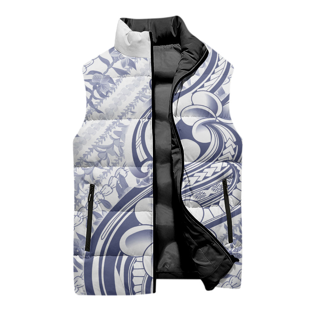 Hawaii Plumeria Lokelani Pikake Lei Sleeveless Puffer Jacket Navy Blue Polynesian Tattoo LT9 - Polynesian Pride