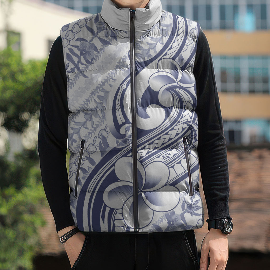 Hawaii Plumeria Lokelani Pikake Lei Sleeveless Puffer Jacket Navy Blue Polynesian Tattoo LT9 - Polynesian Pride