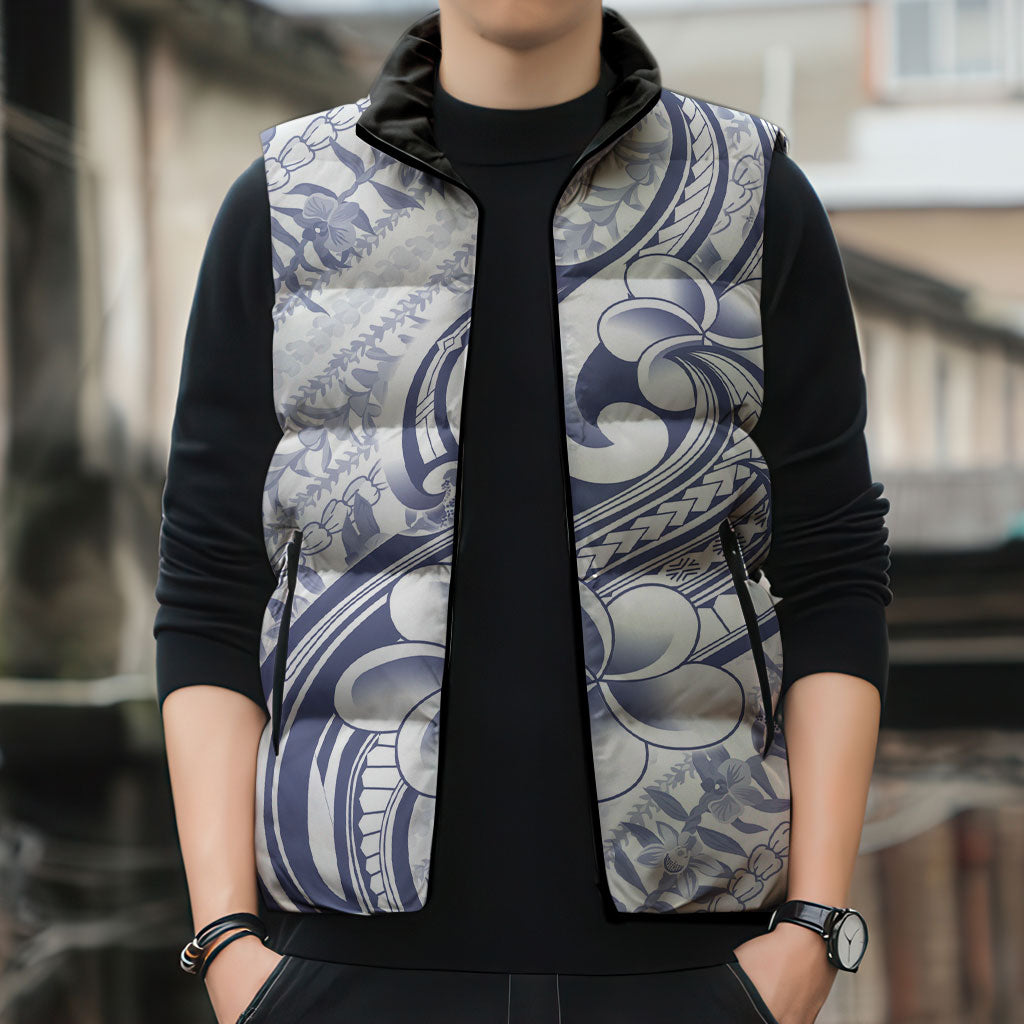 Hawaii Plumeria Lokelani Pikake Lei Sleeveless Puffer Jacket Navy Blue Polynesian Tattoo LT9 - Polynesian Pride