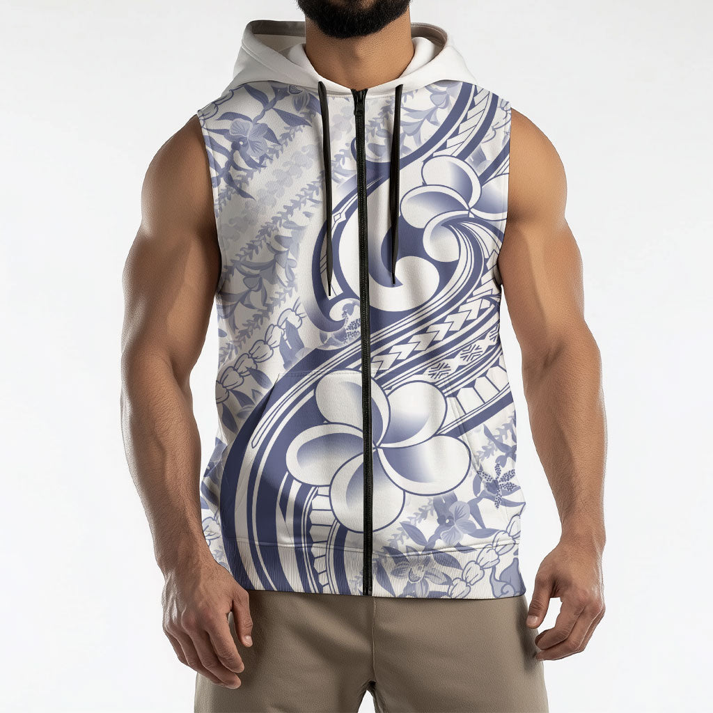 Hawaii Plumeria Lokelani Pikake Lei Sleeveless Zip Hoodie Navy Blue Polynesian Tattoo LT9 - Polynesian Pride