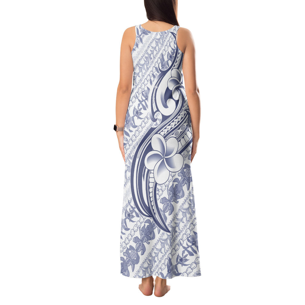 Hawaii Plumeria Lokelani Pikake Lei Tank Maxi Dress Navy Blue Polynesian Tattoo