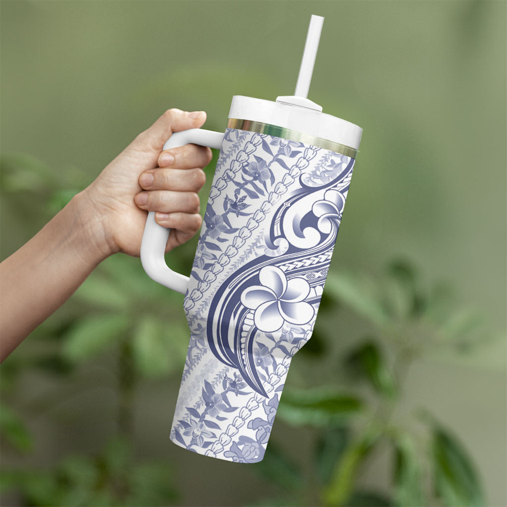 Hawaii Plumeria Lokelani Pikake Lei Tumbler With Handle Navy Blue Polynesian Tattoo