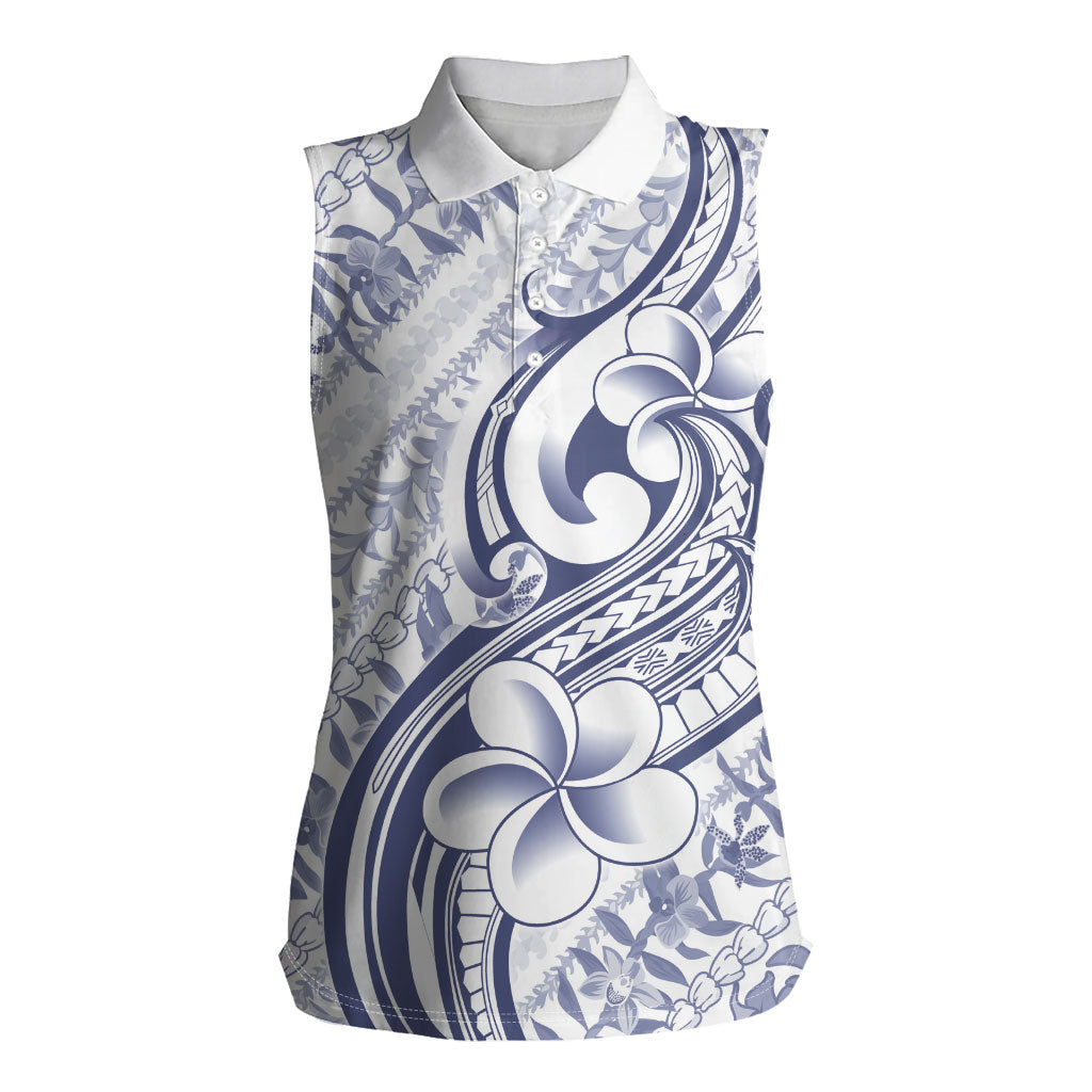 Hawaii Plumeria Lokelani Pikake Lei Women Sleeveless Polo Shirt Navy Blue Polynesian Tattoo