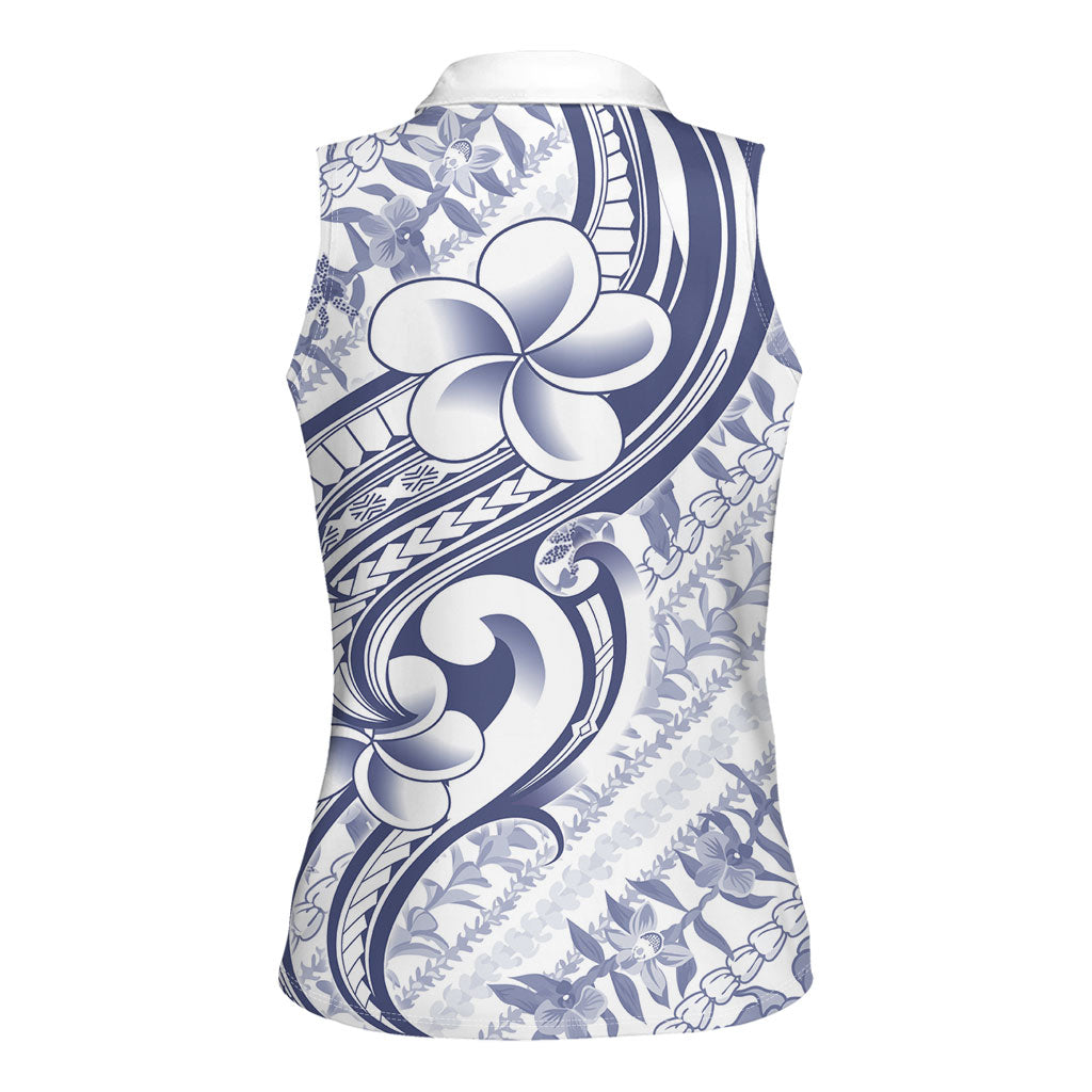 Hawaii Plumeria Lokelani Pikake Lei Women Sleeveless Polo Shirt Navy Blue Polynesian Tattoo LT9 - Polynesian Pride