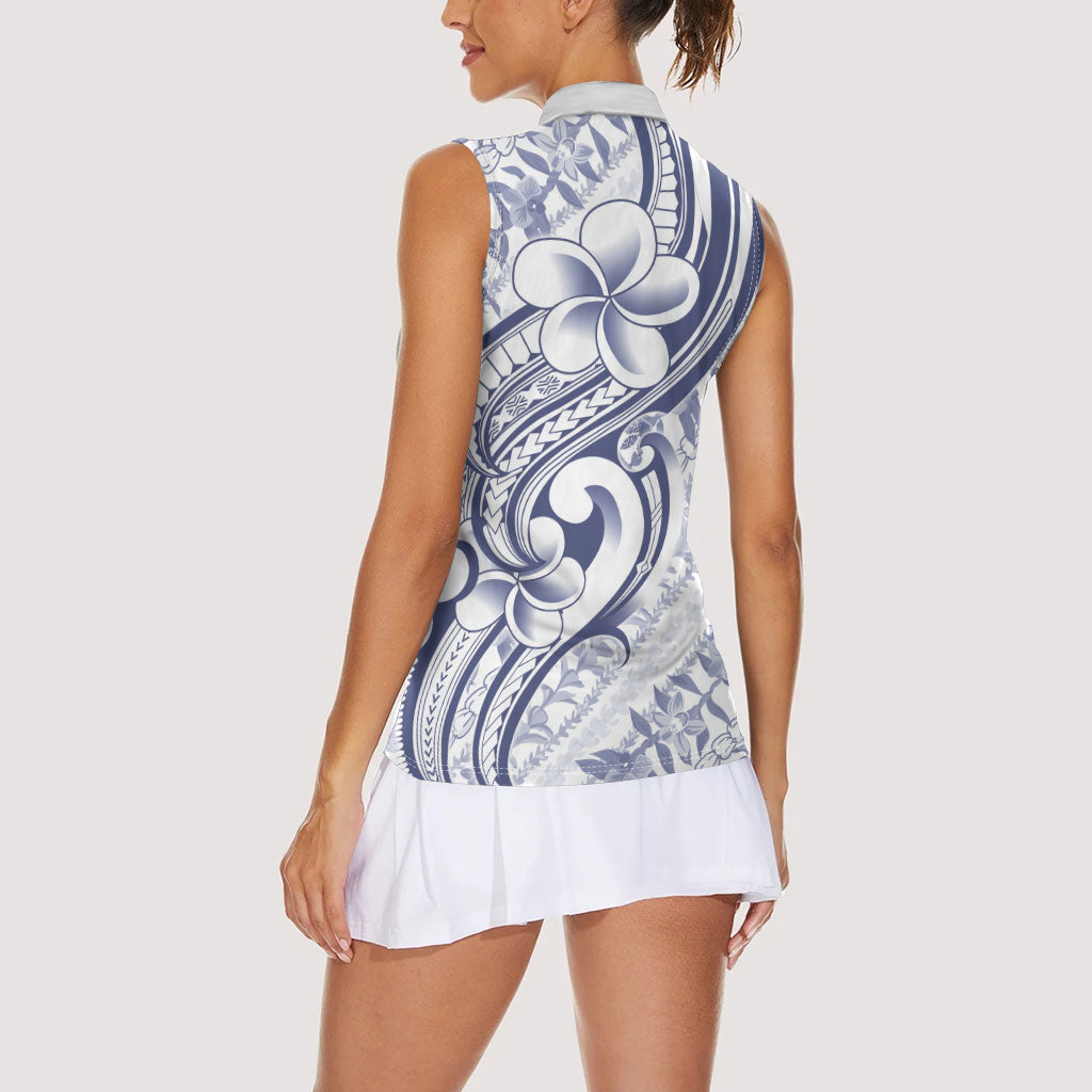 Hawaii Plumeria Lokelani Pikake Lei Women Sleeveless Polo Shirt Navy Blue Polynesian Tattoo LT9 - Polynesian Pride