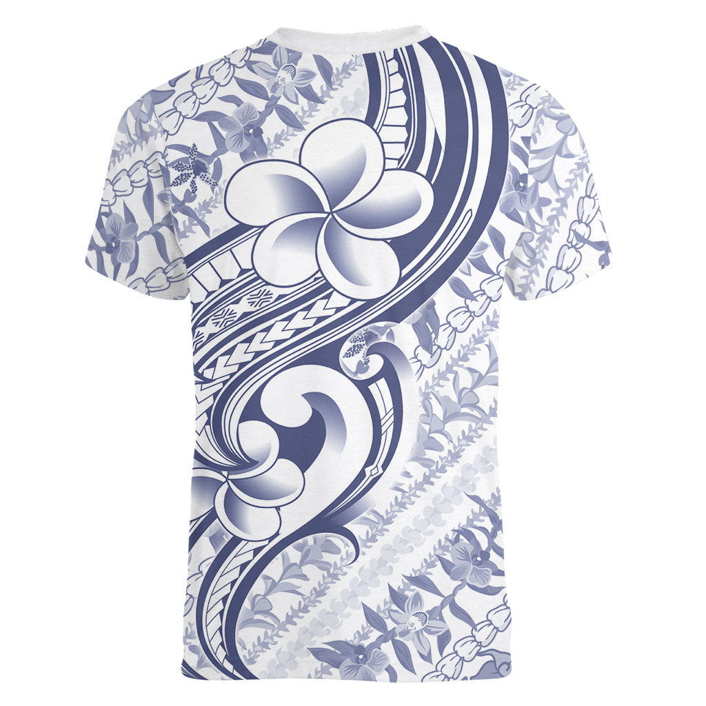 Hawaii Plumeria Lokelani Pikake Lei Women V-Neck T-Shirt Navy Blue Polynesian Tattoo LT9 - Polynesian Pride