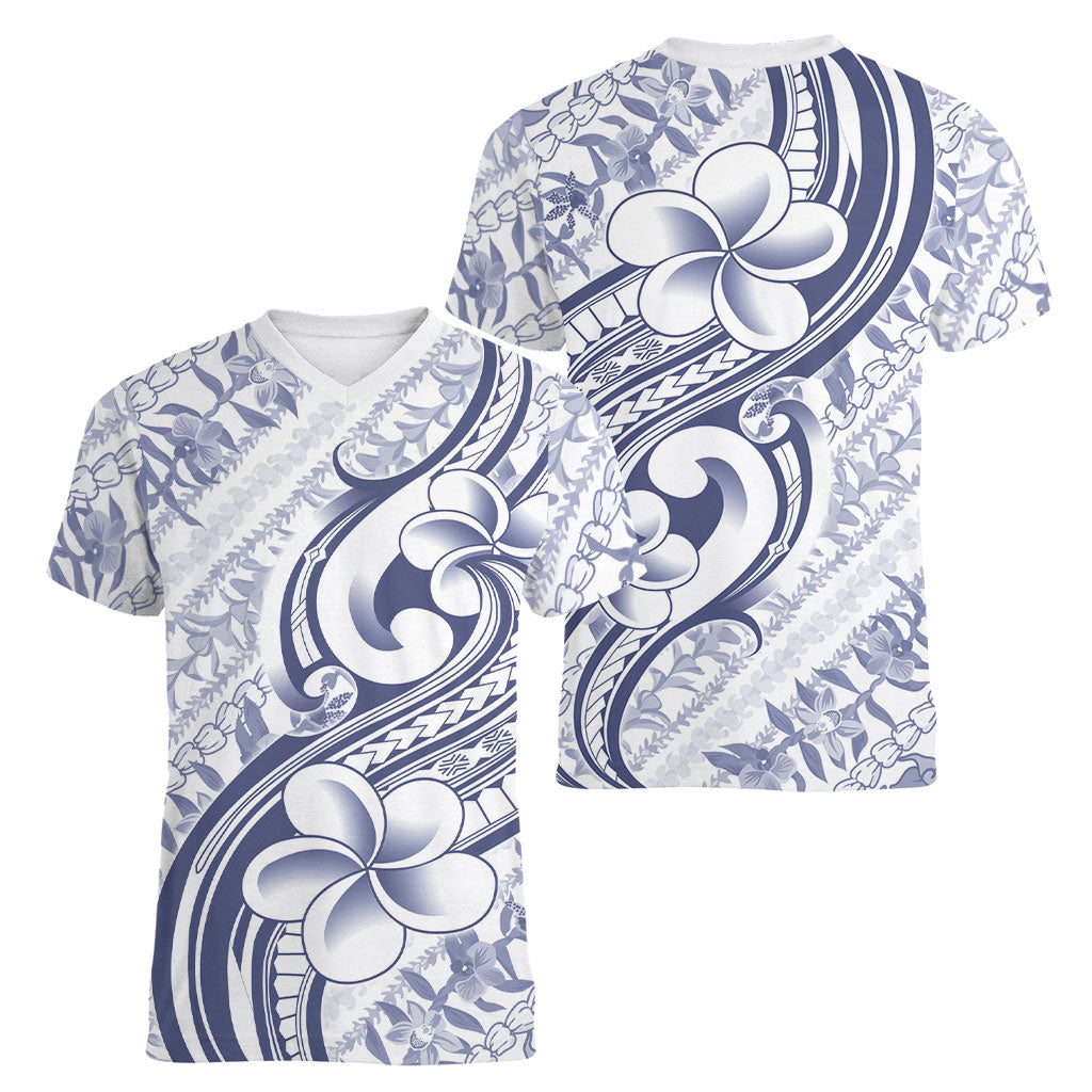 Hawaii Plumeria Lokelani Pikake Lei Women V-Neck T-Shirt Navy Blue Polynesian Tattoo LT9 - Polynesian Pride