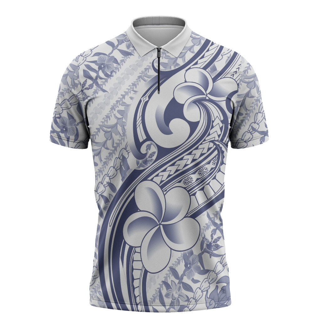 Hawaii Plumeria Lokelani Pikake Lei Zipper Polo Shirt Navy Blue Polynesian Tattoo LT9 Navy Blue - Polynesian Pride