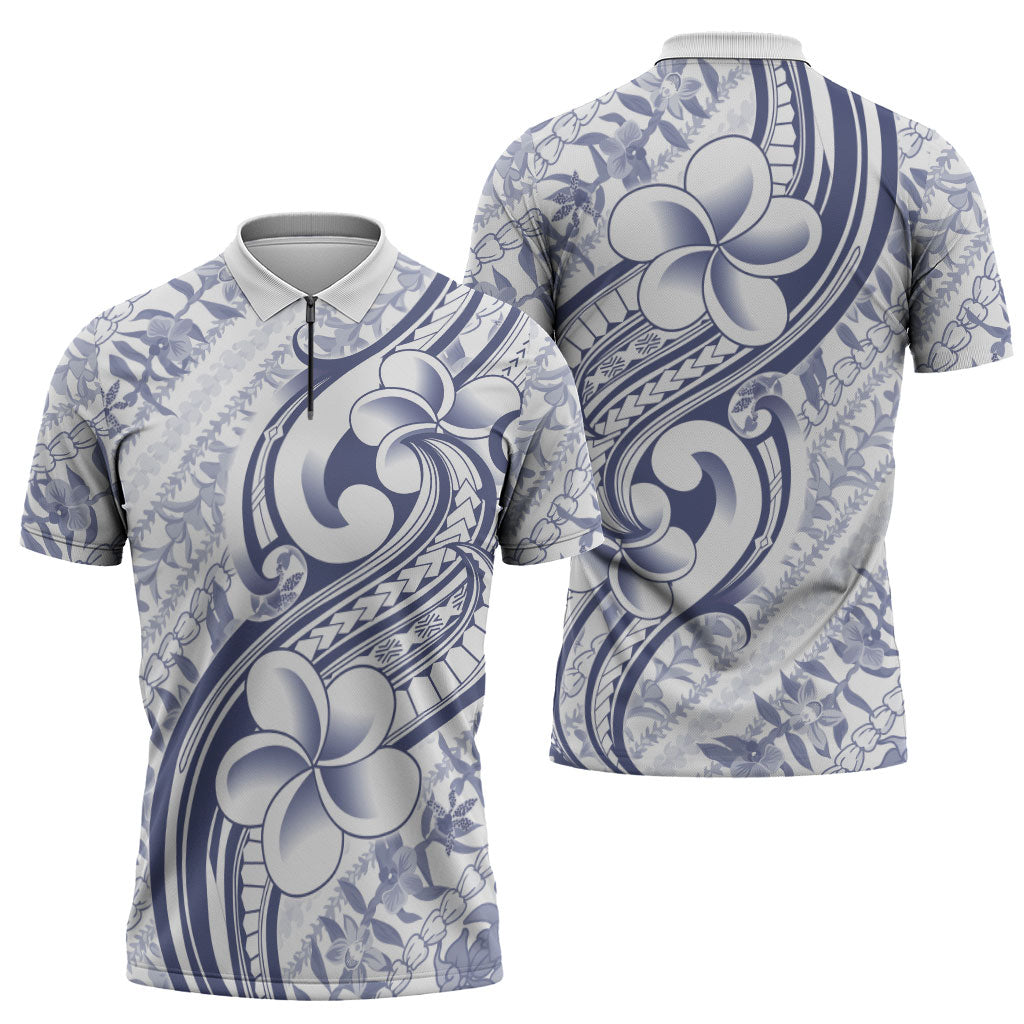 Hawaii Plumeria Lokelani Pikake Lei Zipper Polo Shirt Navy Blue Polynesian Tattoo LT9 - Polynesian Pride