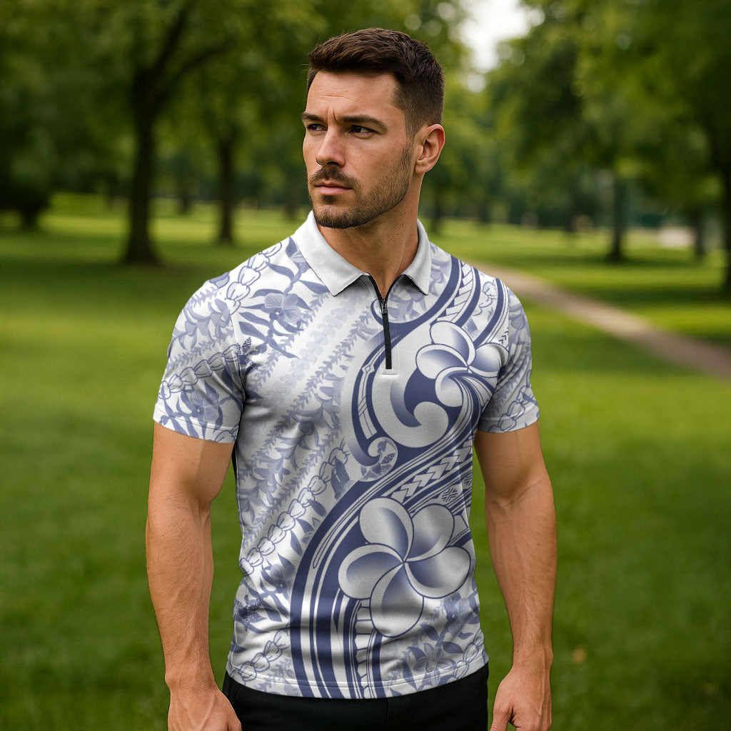 Hawaii Plumeria Lokelani Pikake Lei Zipper Polo Shirt Navy Blue Polynesian Tattoo LT9 - Polynesian Pride