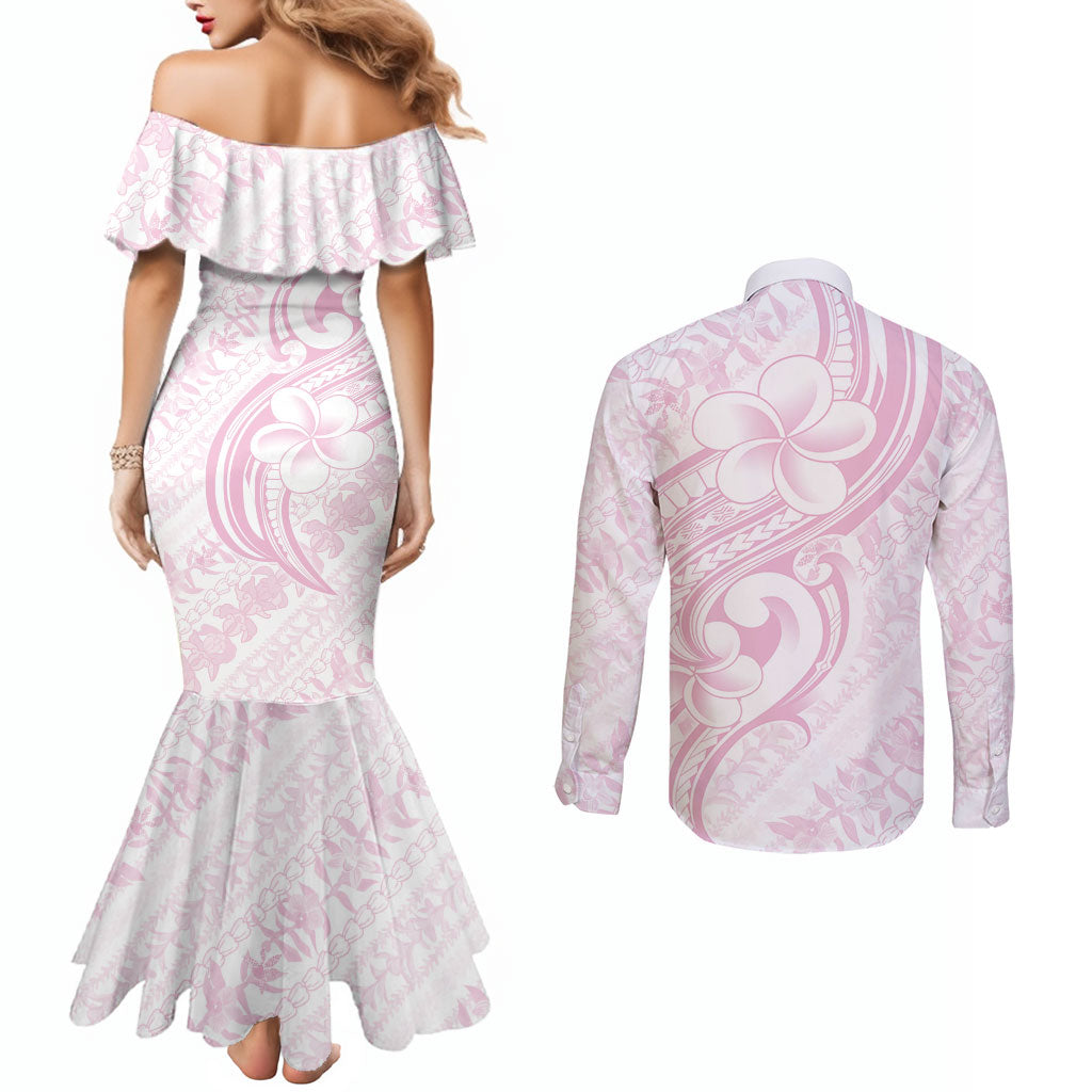 Hawaii Plumeria Lokelani Pikake Lei Couples Matching Mermaid Dress and Long Sleeve Button Shirt Poni Mama Polynesian Tattoo LT9 - Polynesian Pride