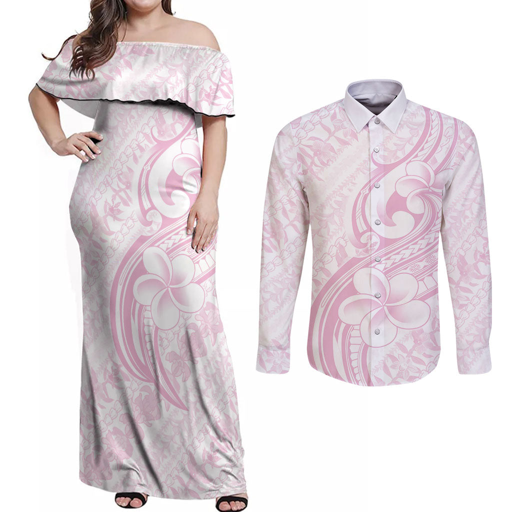 Hawaii Plumeria Lokelani Pikake Lei Couples Matching Off Shoulder Maxi Dress and Long Sleeve Button Shirt Poni Mama Polynesian Tattoo LT9 Pink - Polynesian Pride