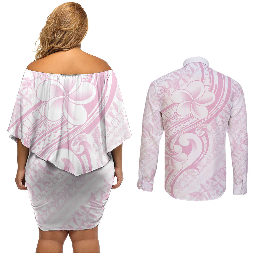 Hawaii Plumeria Lokelani Pikake Lei Couples Matching Off Shoulder Short Dress and Long Sleeve Button Shirt Poni Mama Polynesian Tattoo LT9 - Polynesian Pride