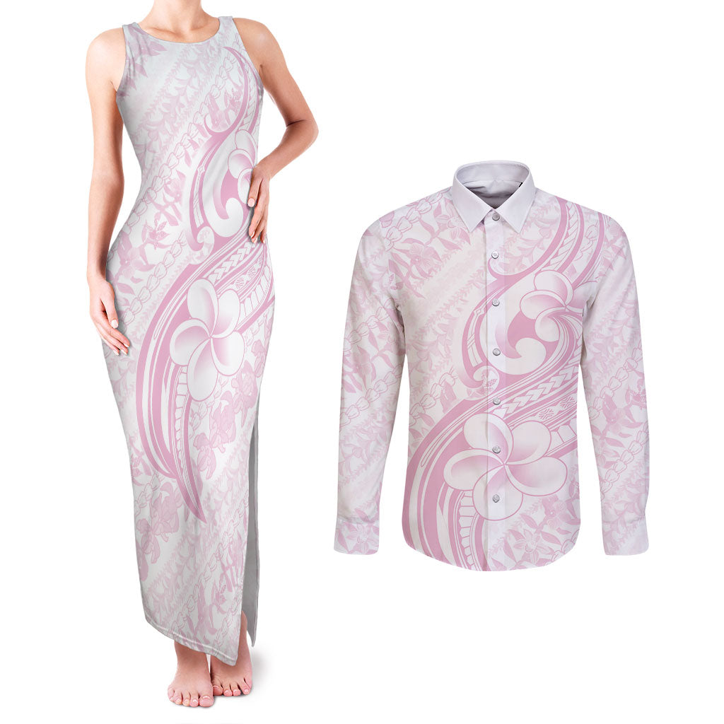 Hawaii Plumeria Lokelani Pikake Lei Couples Matching Tank Maxi Dress and Long Sleeve Button Shirt Poni Mama Polynesian Tattoo LT9 Pink - Polynesian Pride