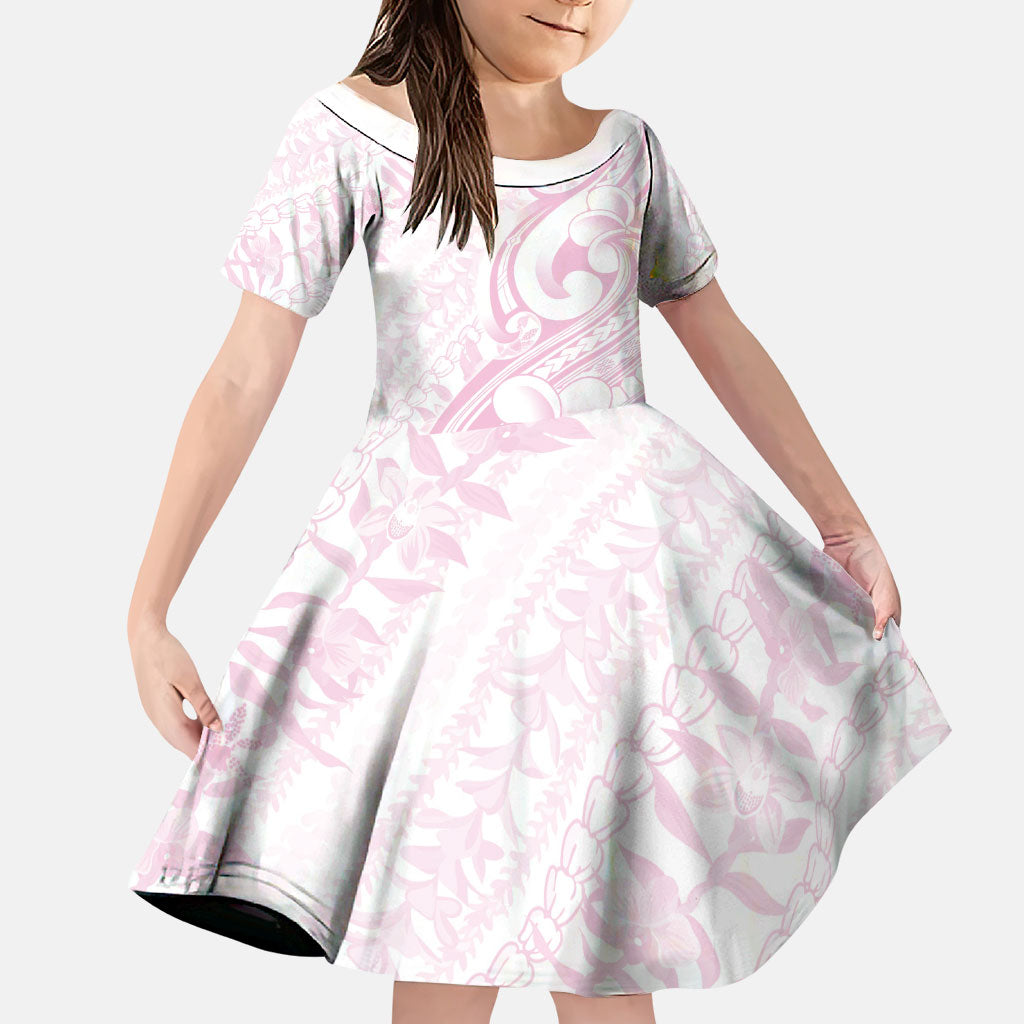 Hawaii Plumeria Lokelani Pikake Lei Family Matching Off The Shoulder Long Sleeve Dress and Hawaiian Shirt Poni Mama Polynesian Tattoo LT9 Daughter's Dress Pink - Polynesian Pride