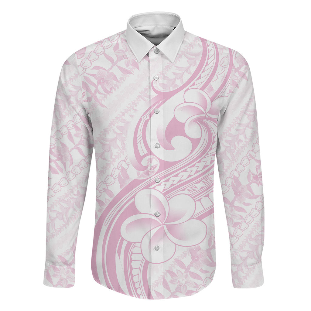 Hawaii Plumeria Lokelani Pikake Lei Family Matching Summer Maxi Dress and Hawaiian Shirt Poni Mama Polynesian Tattoo LT9 Dad's Shirt - Long Sleeve Pink - Polynesian Pride