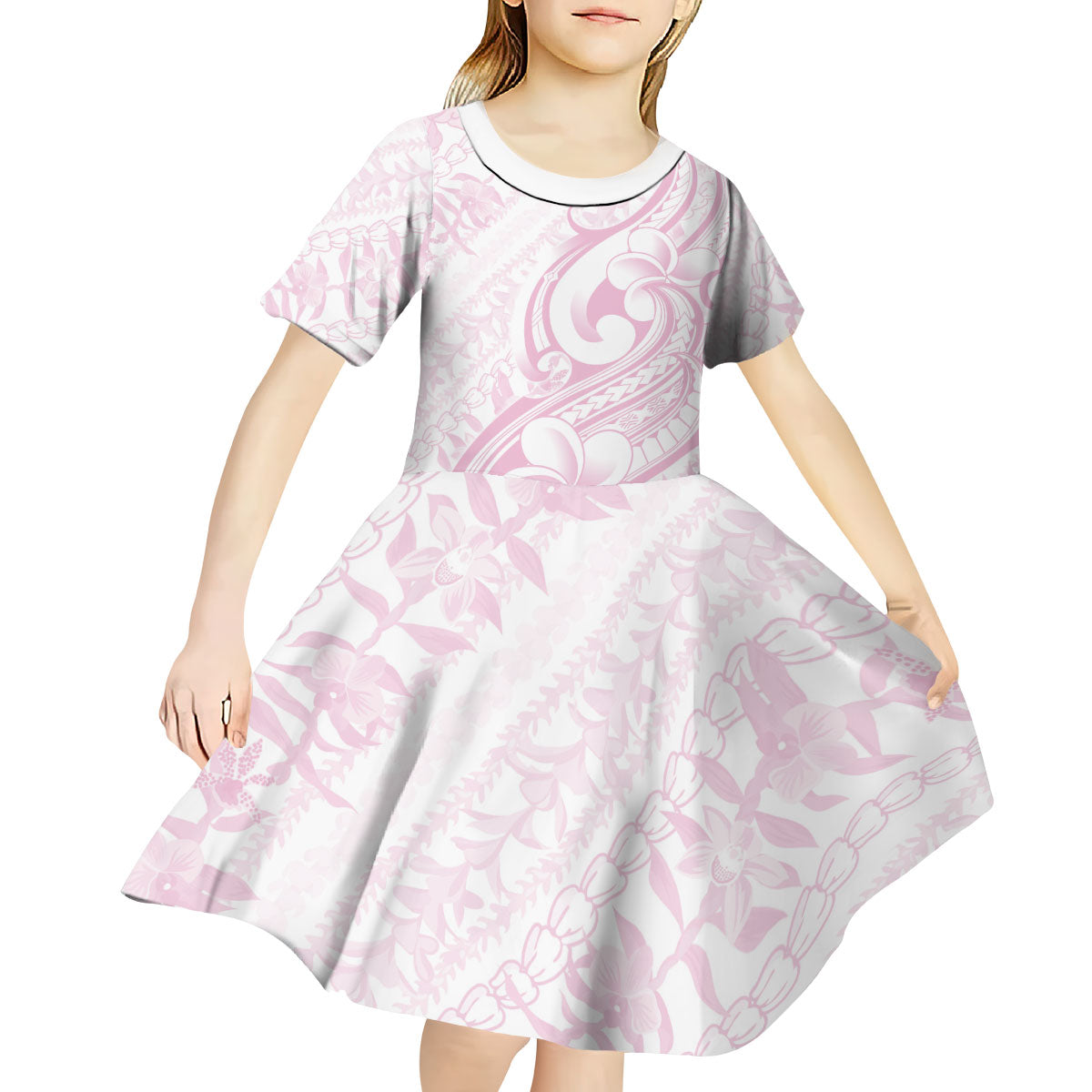 Hawaii Plumeria Lokelani Pikake Lei Kid Short Sleeve Dress Poni Mama Polynesian Tattoo LT9 - Polynesian Pride