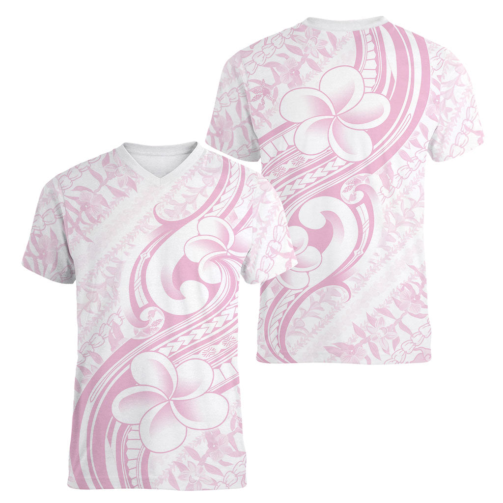 Hawaii Plumeria Lokelani Pikake Lei Women V-Neck T-Shirt Poni Mama Polynesian Tattoo LT9 - Polynesian Pride