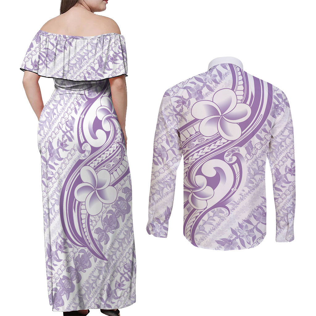 Hawaii Plumeria Lokelani Pikake Lei Couples Matching Off Shoulder Maxi Dress and Long Sleeve Button Shirt Poni Polynesian Tattoo LT9 - Polynesian Pride