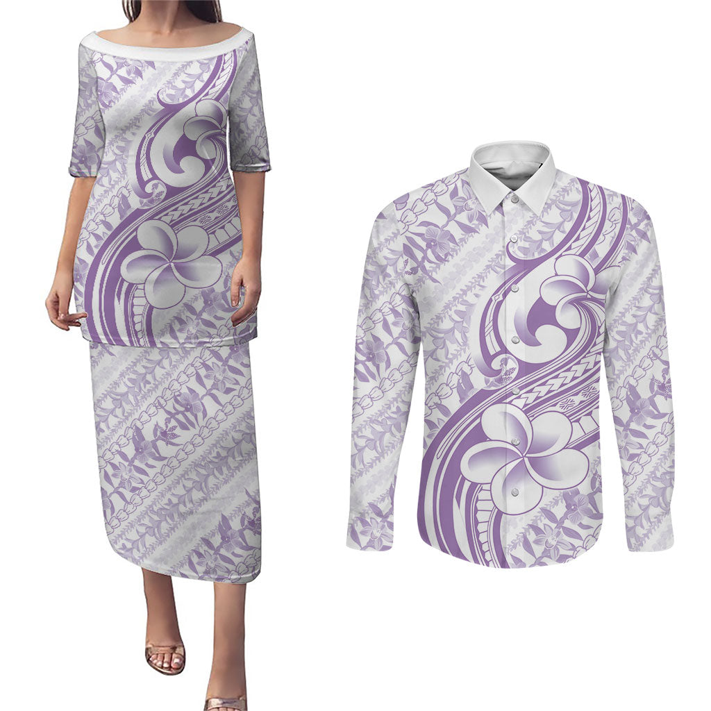 Hawaii Plumeria Lokelani Pikake Lei Couples Matching Puletasi and Long Sleeve Button Shirt Poni Polynesian Tattoo