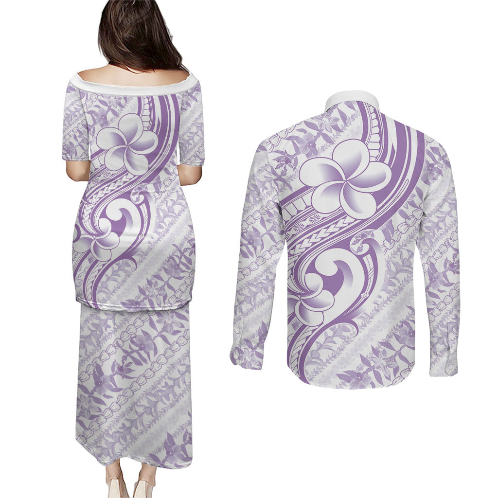 Hawaii Plumeria Lokelani Pikake Lei Couples Matching Puletasi and Long Sleeve Button Shirt Poni Polynesian Tattoo LT9 - Polynesian Pride
