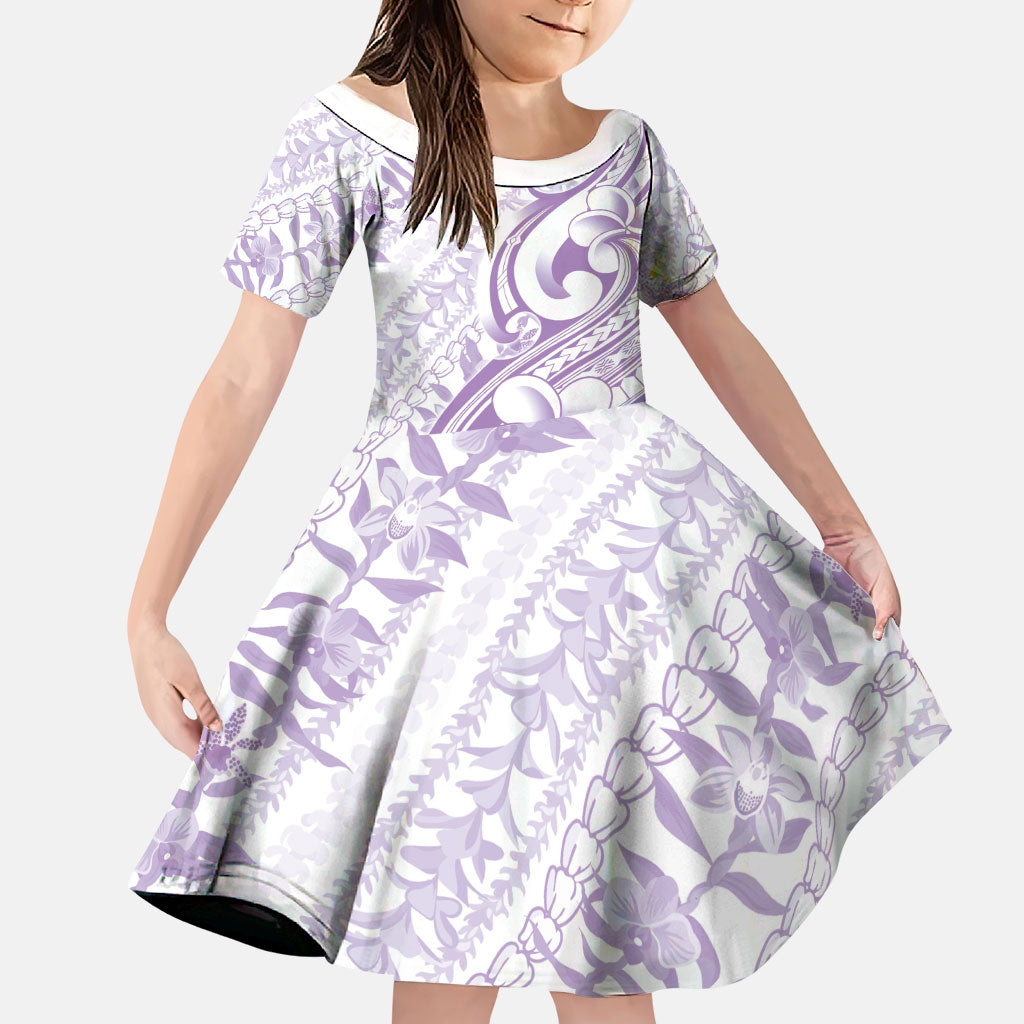 Hawaii Plumeria Lokelani Pikake Lei Family Matching Off Shoulder Maxi Dress and Hawaiian Shirt Poni Polynesian Tattoo LT9 Daughter's Dress Purple - Polynesian Pride