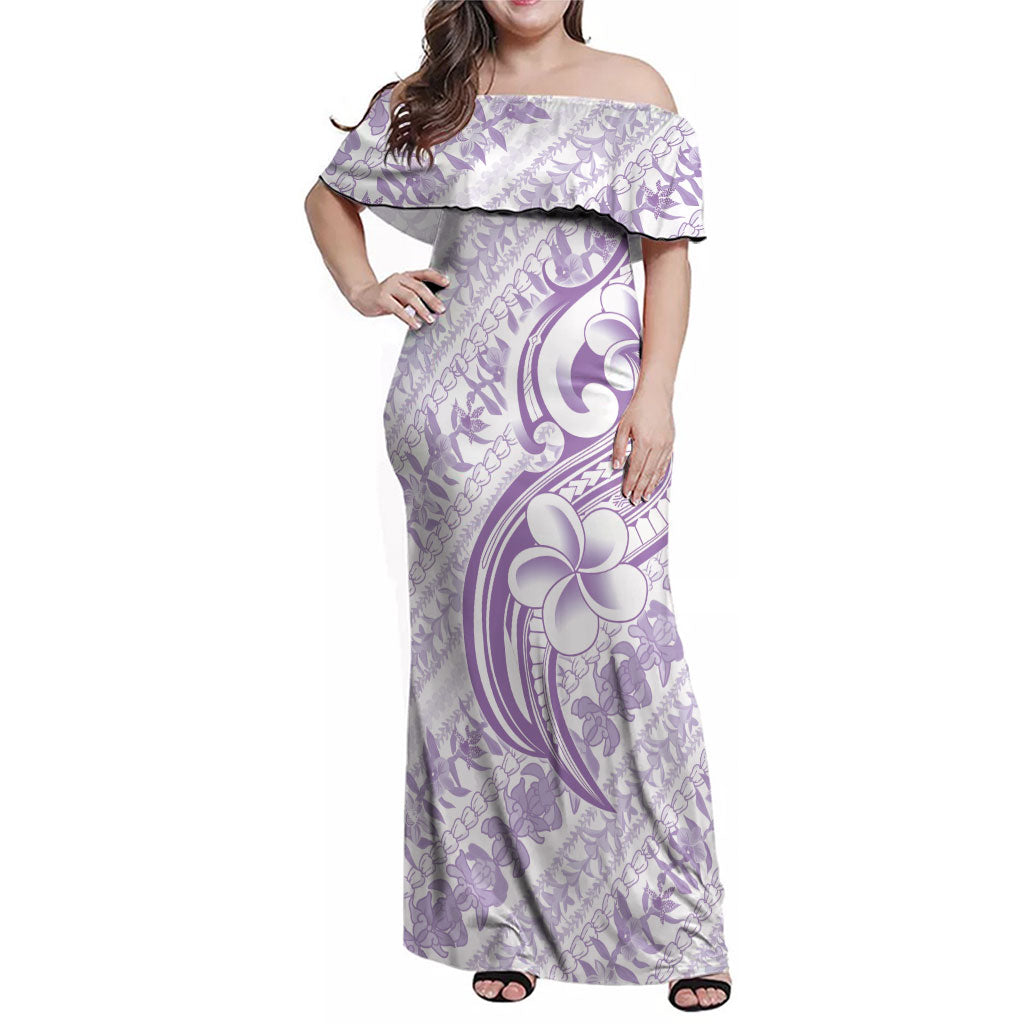 Hawaii Plumeria Lokelani Pikake Lei Family Matching Off Shoulder Maxi Dress and Hawaiian Shirt Poni Polynesian Tattoo LT9 Mom's Dress Purple - Polynesian Pride