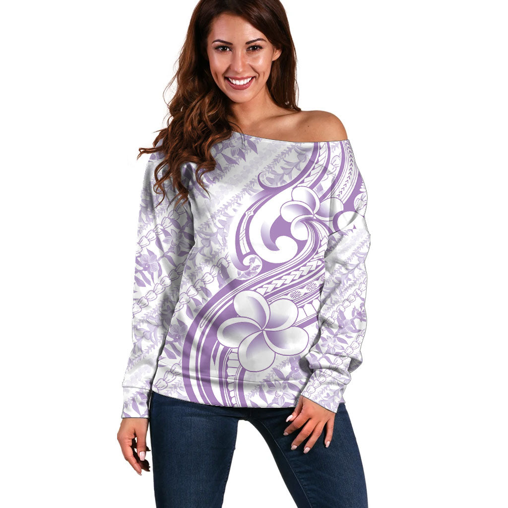 Hawaii Plumeria Lokelani Pikake Lei Off Shoulder Sweater Poni Polynesian Tattoo LT9 Women Purple - Polynesian Pride