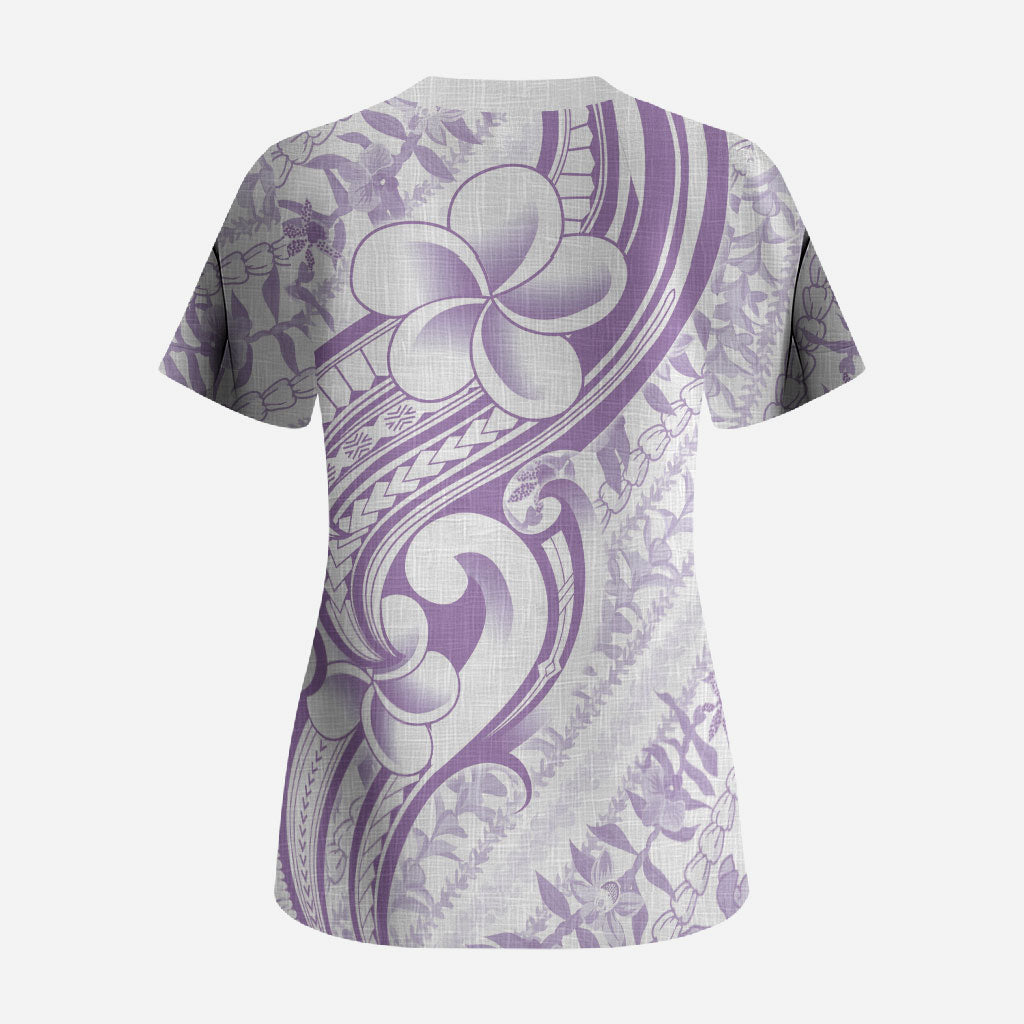 Hawaii Plumeria Lokelani Pikake Lei Scrub Top Poni Polynesian Tattoo