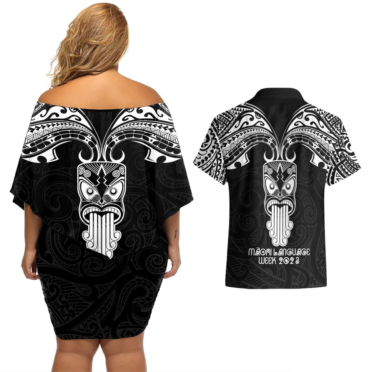 New Zealand Te Reo Maori Couples Matching Off Shoulder Short Dress and Hawaiian Shirt Kia Kaha Maori Language Week Black Style LT9 - Polynesian Pride