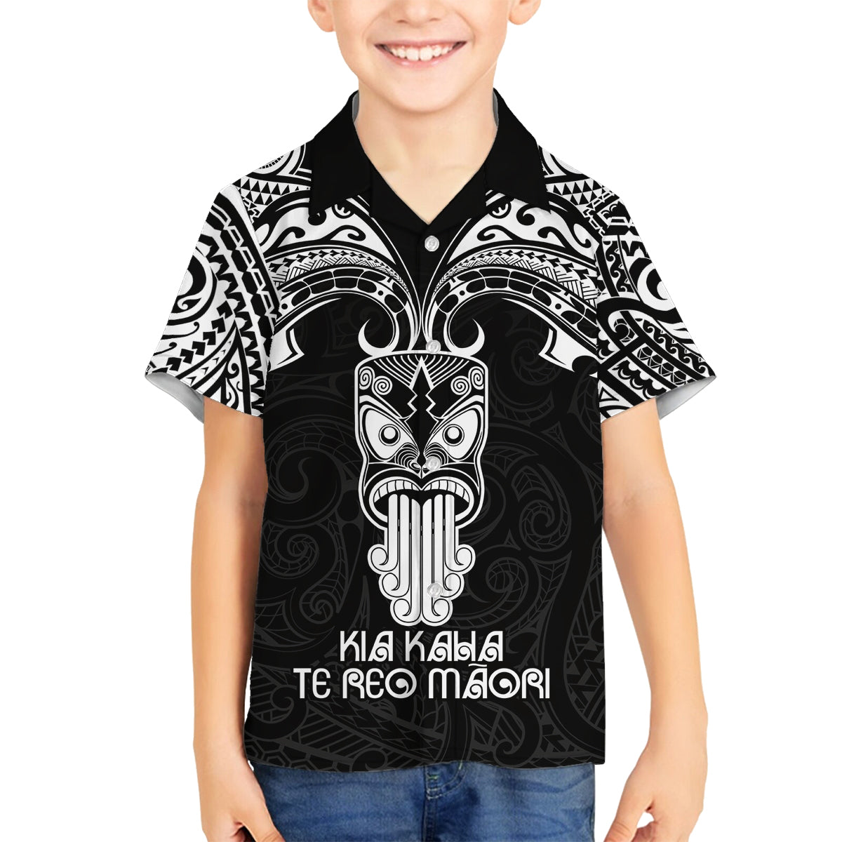 Personalised New Zealand Te Reo Maori Family Matching Tank Maxi Dress and Hawaiian Shirt Kia Kaha Maori Language Week Black Style LT9 Son's Shirt Black - Polynesian Pride