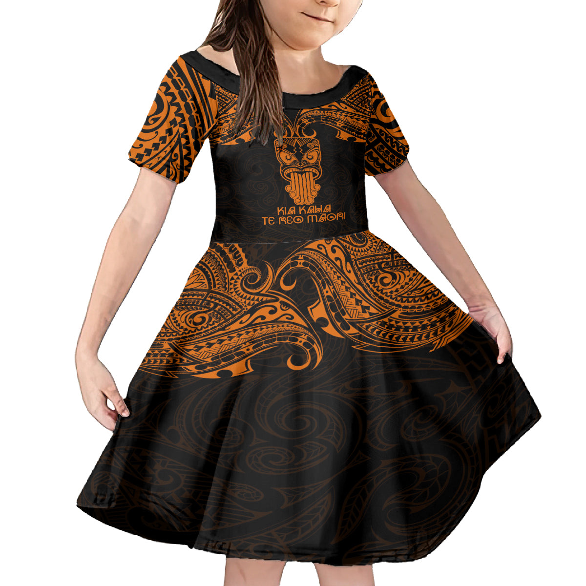 Personalised New Zealand Te Reo Maori Family Matching Off Shoulder Long Sleeve Dress and Hawaiian Shirt Kia Kaha Maori Language Week Gold Style LT9 Daughter's Dress Gold - Polynesian Pride