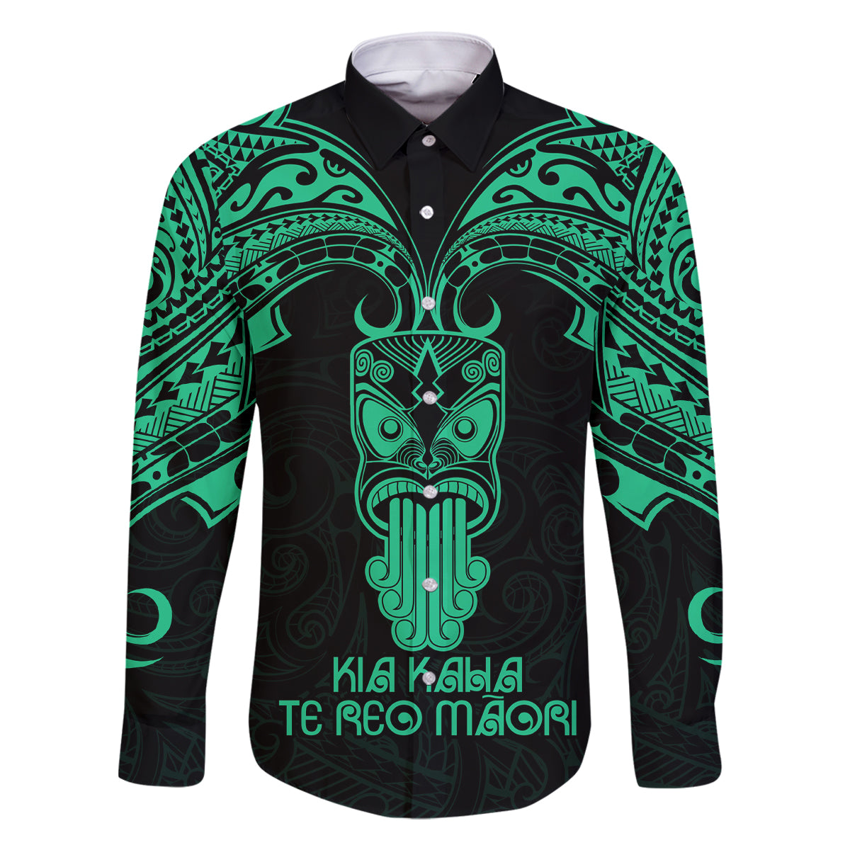 Personalised New Zealand Te Reo Maori Family Matching Off Shoulder Long Sleeve Dress and Hawaiian Shirt Kia Kaha Maori Language Week Green Style LT9 Dad's Shirt - Long Sleeve Green - Polynesian Pride