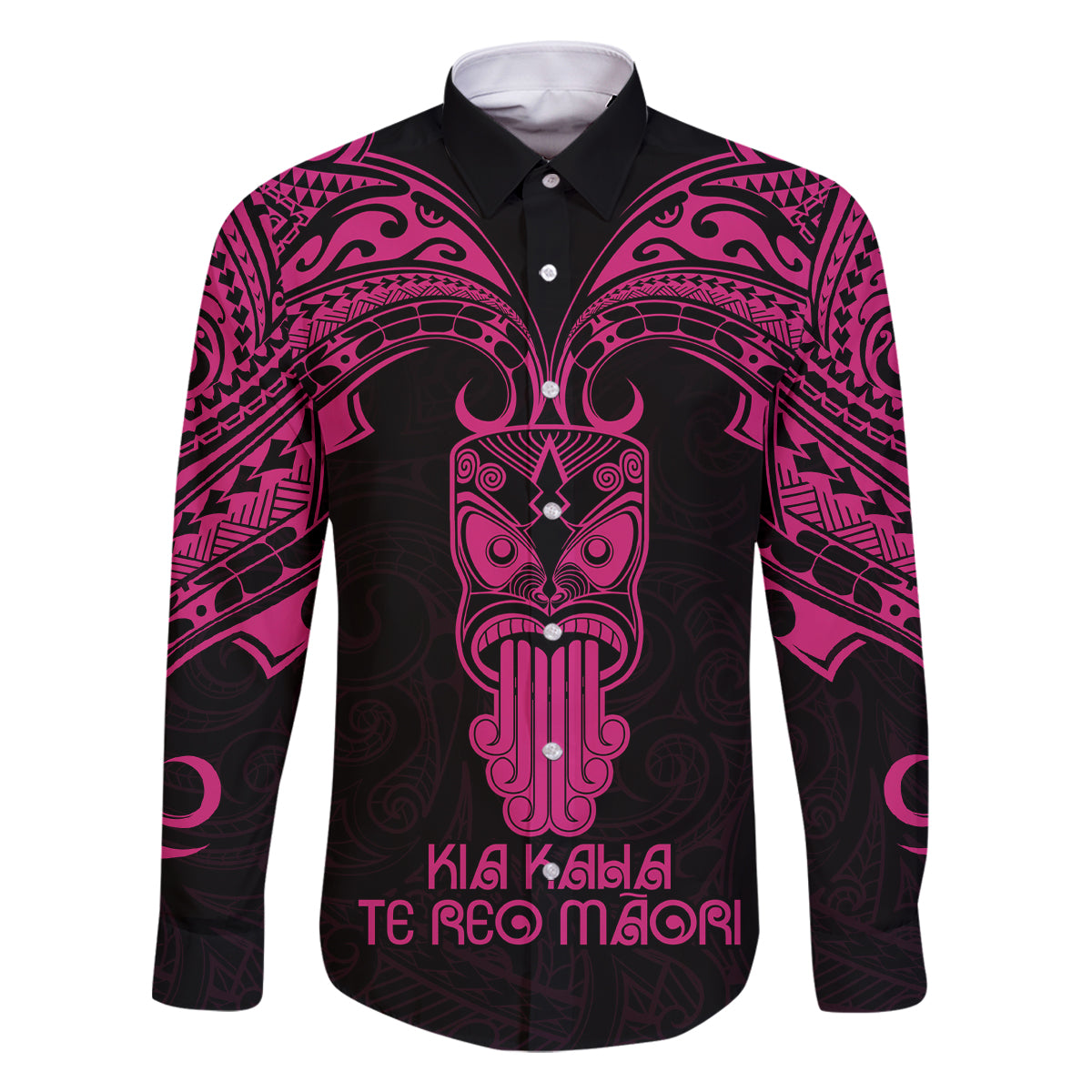 Personalised New Zealand Te Reo Maori Family Matching Long Sleeve Bodycon Dress and Hawaiian Shirt Kia Kaha Maori Language Week Pink Style LT9 Dad's Shirt - Long Sleeve Pink - Polynesian Pride