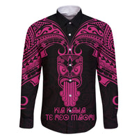 Personalised New Zealand Te Reo Maori Family Matching Long Sleeve Bodycon Dress and Hawaiian Shirt Kia Kaha Maori Language Week Pink Style LT9 Dad's Shirt - Long Sleeve Pink - Polynesian Pride