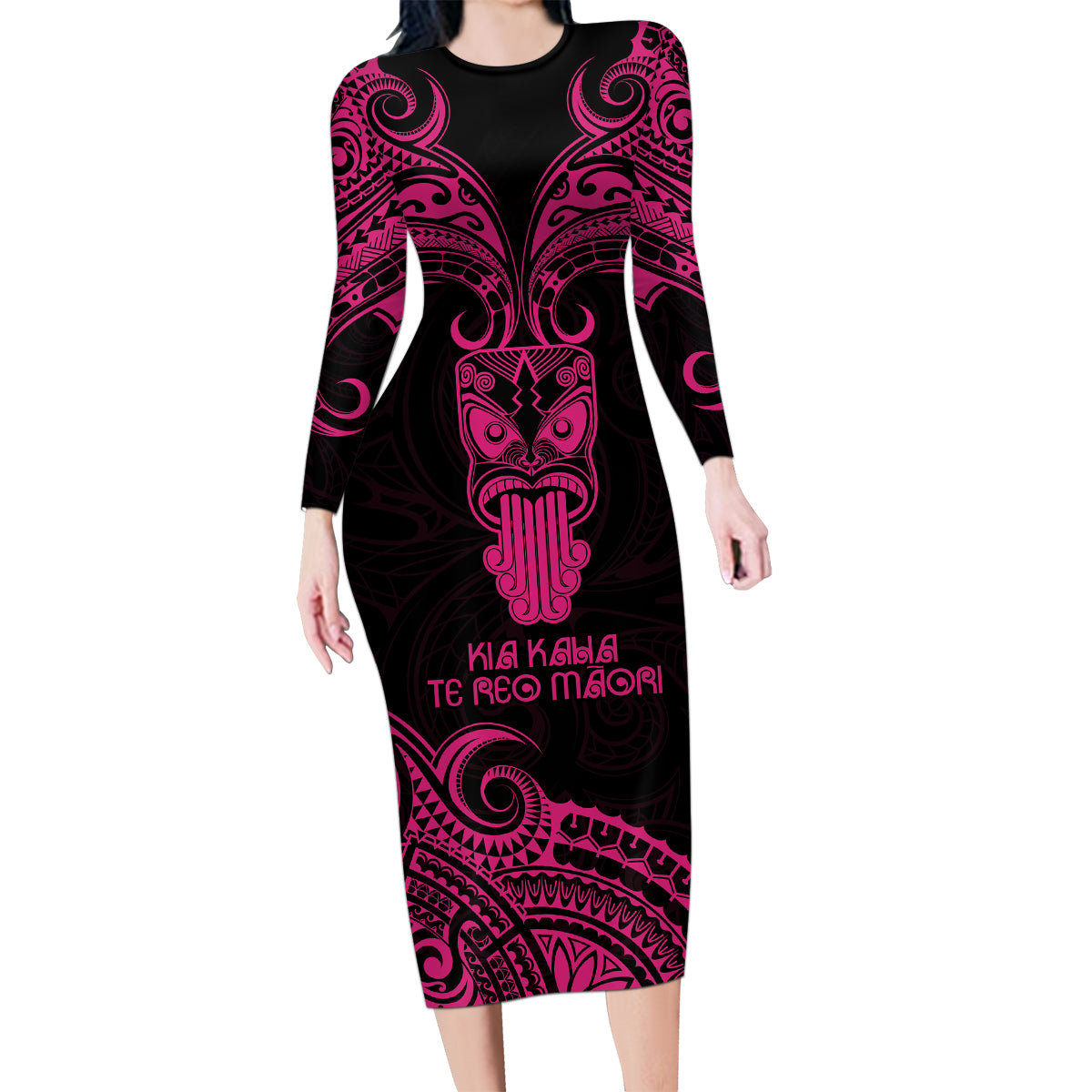 Personalised New Zealand Te Reo Maori Family Matching Long Sleeve Bodycon Dress and Hawaiian Shirt Kia Kaha Maori Language Week Pink Style LT9 Mom's Dress Pink - Polynesian Pride