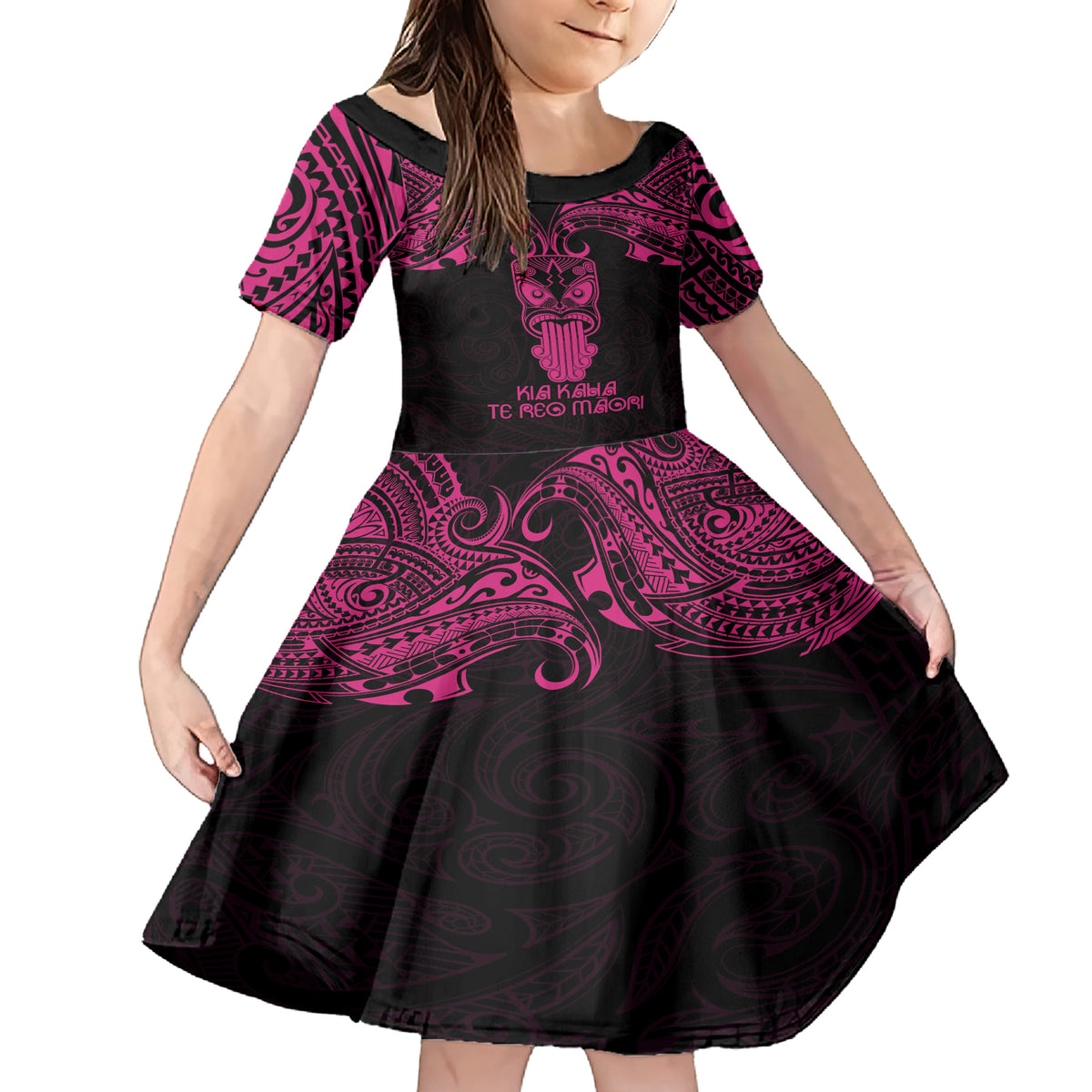 Personalised New Zealand Te Reo Maori Family Matching Short Sleeve Bodycon Dress and Hawaiian Shirt Kia Kaha Maori Language Week Pink Style LT9 Daughter's Dress Pink - Polynesian Pride