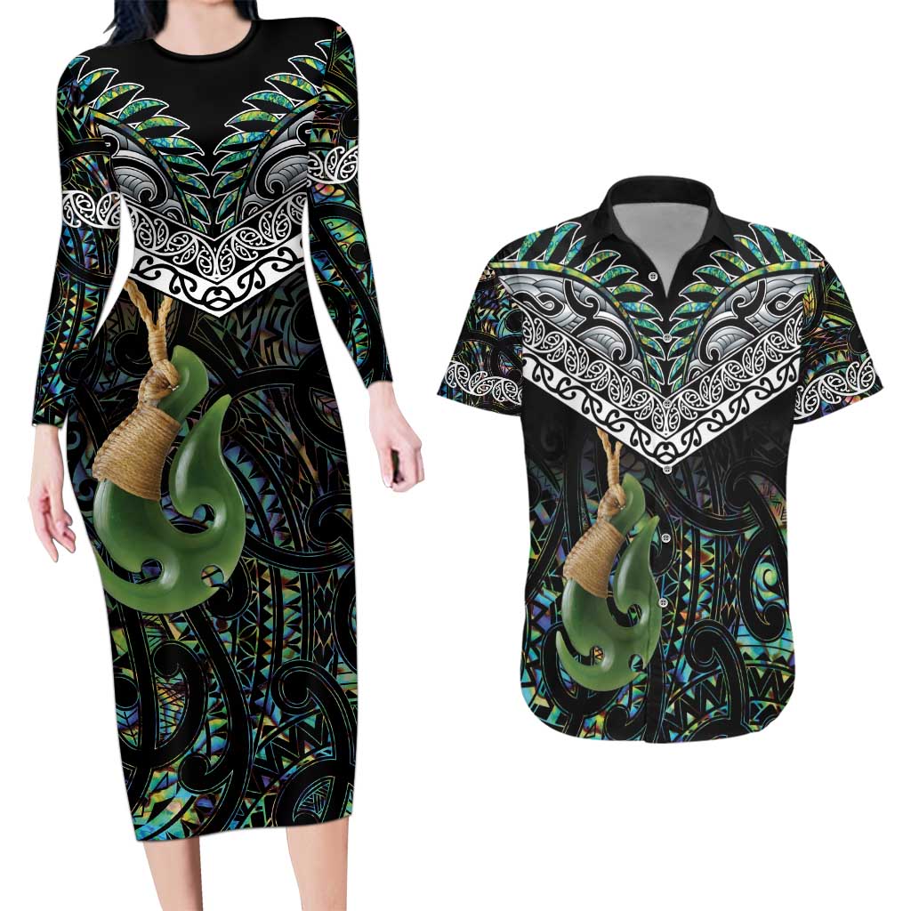 Personalised Maori Manaia Couples Matching Long Sleeve Bodycon Dress and Hawaiian Shirt New Zealand Tribal Hei Matau Papua Shell LT9 Green - Polynesian Pride